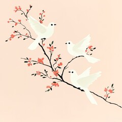 Wall Mural - Three White Doves on a Branch with Pink Flowers