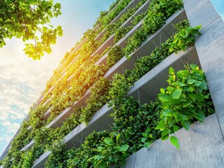 Wall Mural - Modern Concrete Building with Lush Green Vertical Garden, Sustainable Urban Architecture Design Concept