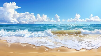 Wall Mural - A serene beach background with soft waves lapping at the shore, golden sand, and a clear blue sky dotted with fluffy clouds