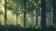 A serene forest background with tall trees and dappled sunlight filtering through the leaves, creating a peaceful setting
