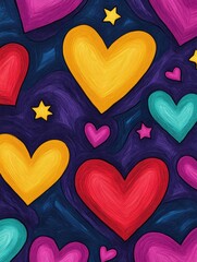 Wall Mural - Whimsical and Fun Playful Doodle Art Design with Vibrant Swirls Cheerful Stars and Fanciful Hearts