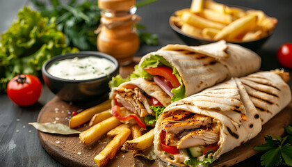 Wall Mural - Shawarma chicken roll in a pita with fresh vegetables, cream sauce and french fries on wooden background