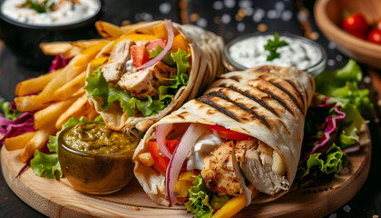 Wall Mural - Shawarma chicken roll in a pita with fresh vegetables, cream sauce and french fries on wooden background