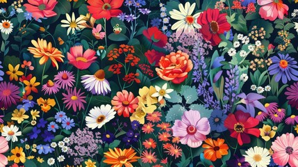 Sticker - Colorful seamless pattern of diverse garden flowers.