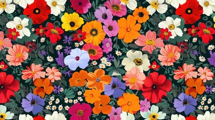 Sticker - Colorful seamless pattern of diverse garden flowers.