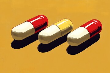 Poster - Three capsules in vibrant red yellow and white arranged on a yellow background symbolizing simplicity contrast and the focused effectiveness of targeted pharmaceutical therapies