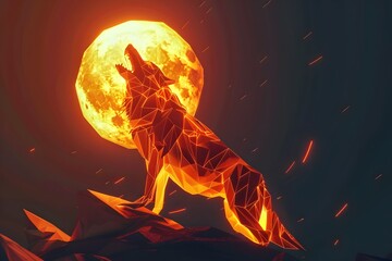 Wall Mural - Polygonal Fire Wolf Howling at the Mystical Geometric Moon