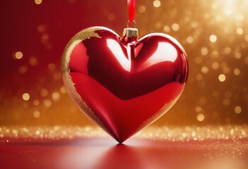 Wall Mural - Gold heart on Red abstract Valentines Day festive background