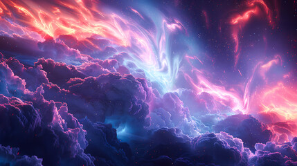 Wall Mural - 3d render, abstract fantasy background of colorful sky with neon clouds