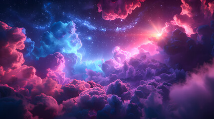 Wall Mural - 3d render, abstract fantasy background of colorful sky with neon clouds