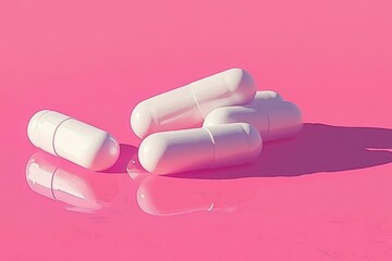 Poster - A clean and minimalistic image of white capsules scattered across a pink background symbolizing simplicity clarity and the effectiveness of minimalism in modern pharmaceutical treatments