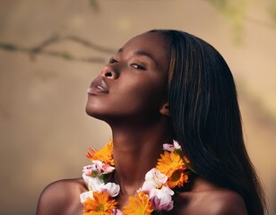 A black woman with flowers in her hair and around her neck looks upwards in a close-up portrait