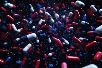 Sticker - A chaotic and surreal depiction of floating capsules in a dark cosmic space representing the boundless possibilities unpredictability and vastness of modern pharmaceutical advancements