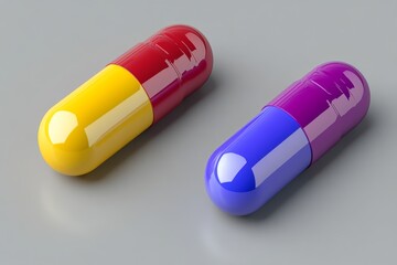 Poster - A minimalist and modern close up of two capsules one red and one purple set against a gray background symbolizing the clarity focus and simplicity of contemporary pharmaceutical design