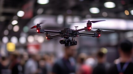 Poster - A drone equipped with cameras hovers above a busy exhibition hall, capturing the attention of attendees at a technology event.