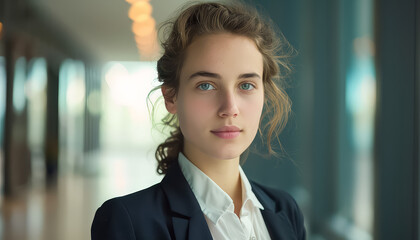 Wall Mural - A woman with long hair and blue eyes is standing in front of a wall