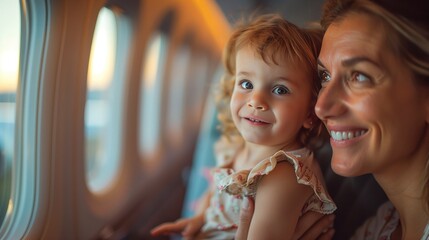 A young family, with a toddler standing on the seat, looking excitedly at the airplane window, parents smiling warmly