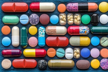 Poster - An intricate and diverse collection of various capsules and pills organized on a textured background symbolizing the complexity and variety of modern pharmaceutical treatments