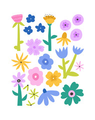 cute hand drawn flowers set, cartoon flat vector illustration isolated on white background. colorful