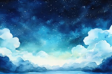 aurora borealis watercolor painting. abstract art with beautiful blue sky and cloud background