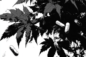 Sticker - A high contrast black and white image of capsules scattered among cannabis leaves symbolizing controversial and complex relationship between natural remedies and pharmaceuticals in modern healthcare