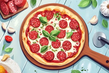 Wall Mural - recipe card for making a salami pizza, featuring step-by-step visuals and ingredients illustration, with an inviting and clear layout to showcase the delicious dish