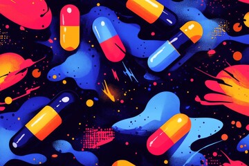 Sticker - A vibrant and playful abstract illustration of floating capsules against a dark cosmic background symbolizing the dynamic energy and boundless possibilities of pharmaceuticals in modern healthcare