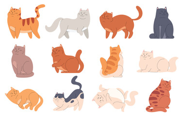  Set of cute cartoon cats. Beautiful pets in different poses. Fluffy playful pets. Vector illustration