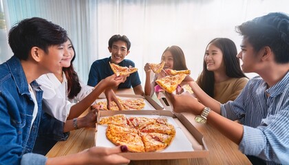 Young Asian people eating pizza together by hands. Food and Friendship celebration party concept. Lifestyles and people in theme. Happiness of enjoy life of college people during tutoring in classroom