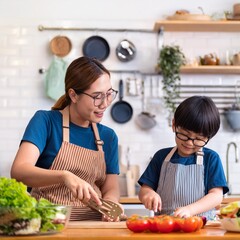 Happy beautiful Asian woman and cute little boy with eyeglasses prepare to cooking in kitchen at home. People lifestyles and Family. Homemade food and ingredients concept. Two Thai people life