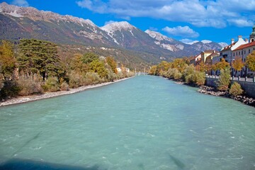 Panoramic picture over the Inn taken from the Inn bridge in Innsbruck