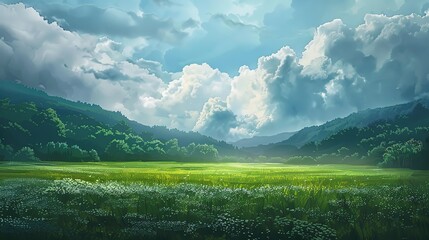 Wall Mural - Peaceful Green Meadow with a Lush Forest and Dramatic Clouds