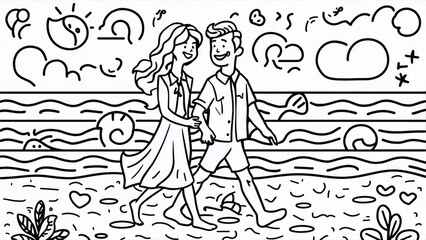 Coloring book for children and adults. A couple in love is walking on the beach