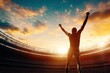© DachAI - Celebrating a successful pole vault in a grand stadium during the golden hour, an athlete with raised arms symbolizes triumph, perseverance, and the spirit of victory.