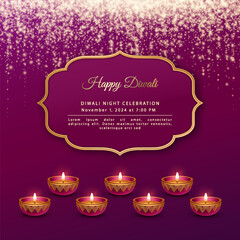 Poster - Traditional Diwali Festival card with Diya lamps, glitter lights and golden frame