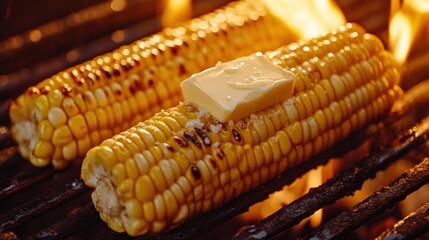 Warm, grilled corn cob paired with salt and butter. grilled corn cob with salt and butter on top