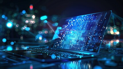 Laptop with a glowing screen and digital data, the future of technology.