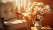 © hamad - Rustic and rural vibes are created in a sunny room with a simple and charming home decor featuring beautiful daisy flowers placed on a wooden chair.
