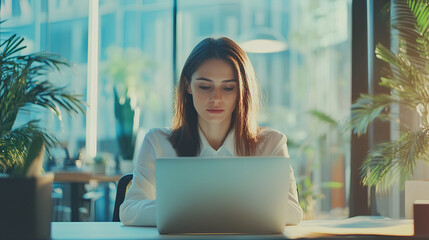 Wall Mural - Young business woman working on laptop in office