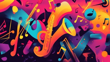 A dynamic banner for a music festival, incorporating energetic graphics and bold fonts. The design features musical notes, instruments, and vibrant colors to capture the excitement of the event