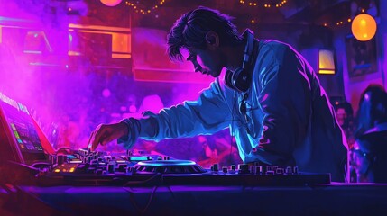 A dynamic scene of a DJ mixing tracks at a lively club. The design features a turntable, mixing board, and colorful lights, capturing the vibrant and energetic atmosphere of a dance music event