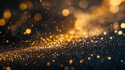 Fototapete - The futuristic glittering in space on black background is accentuated by golden particles shining stars dust bokeh glitter awards dust.