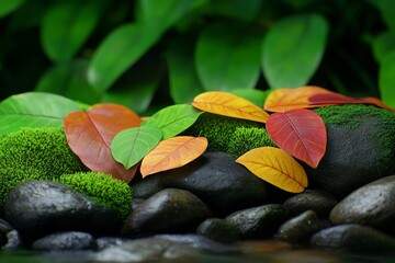 Colorful leaves and moss on rocks in stream