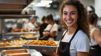 Wall Mural - A woman is smiling and holding a tray of food. She is in a kitchen with other people