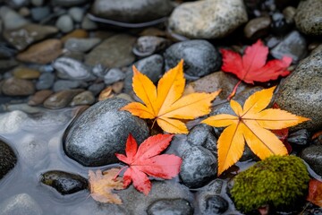 Colorful leaves and moss on rocks in stream