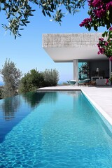 Poster - A large house with a pool and a patio. The pool is surrounded by trees and has a view of the ocean