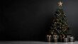 © iamfrk7 - Elegant black and gold Christmas tree with matching ornaments and wrapped gifts, creating a luxurious and sophisticated holiday setting on a dark background.