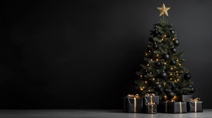elegant black and gold christmas tree with matching ornaments and wrapped gifts, creating a luxuriou