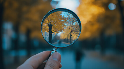 A hand holding a magnifying glass, focusing on a path lined with autumn trees, bringing the scenery into sharp detail amidst a blurred background.