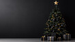 © iamfrk7 - Elegant black and gold Christmas tree with matching ornaments and wrapped gifts, creating a luxurious and sophisticated holiday setting on a dark background.